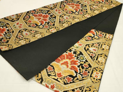 平和屋着物◎六通柄　京袋帯　唐織　蜀江花文　黒地　金銀糸　正絹　逸品　AABL6370ou