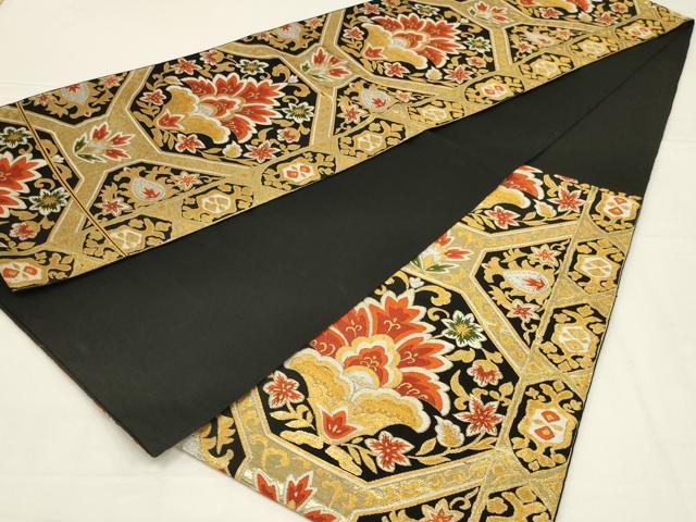 平和屋着物◎六通柄　京袋帯　唐織　蜀江花文　黒地　金銀糸　正絹　逸品　AABL6370ou
