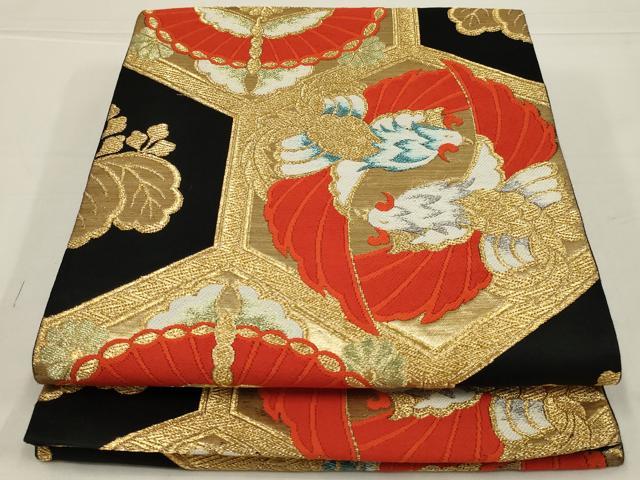 平和屋着物◎六通柄袋帯　唐織　鳳凰花亀甲文　黒地　金銀糸　正絹　逸品　AABL6371ou