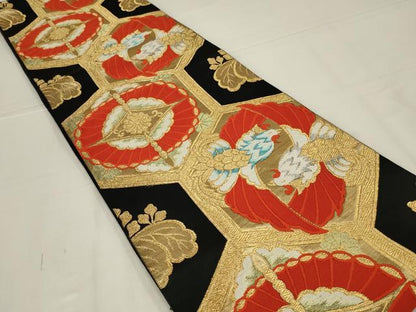 平和屋着物◎六通柄袋帯　唐織　鳳凰花亀甲文　黒地　金銀糸　正絹　逸品　AABL6371ou