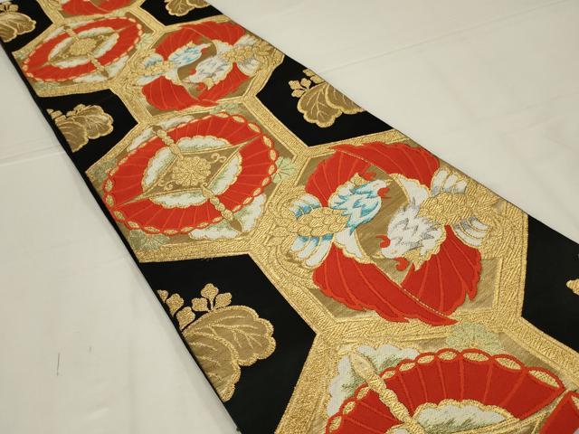 平和屋着物◎六通柄袋帯　唐織　鳳凰花亀甲文　黒地　金銀糸　正絹　逸品　AABL6371ou