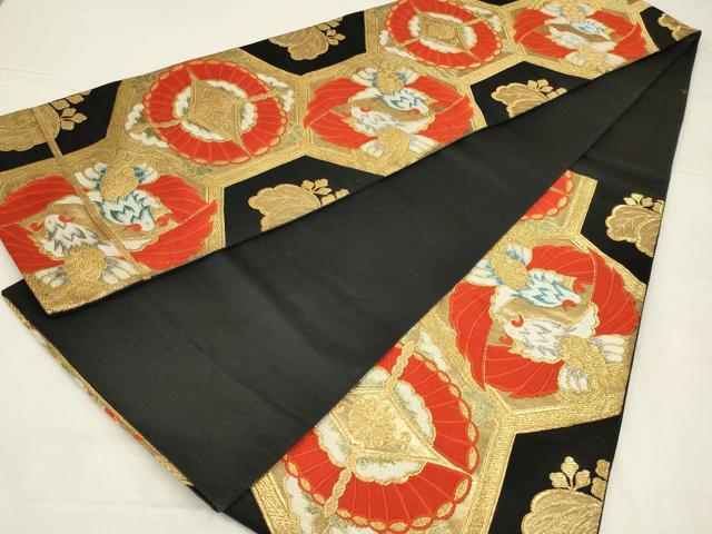 平和屋着物◎六通柄袋帯　唐織　鳳凰花亀甲文　黒地　金銀糸　正絹　逸品　AABL6371ou
