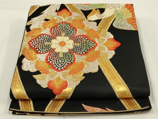 平和屋着物◎六通柄袋帯　唐織　花蝶文　黒地　金銀糸　正絹　逸品　AABL6375ou