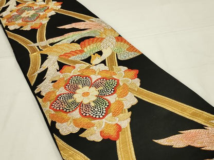 平和屋着物◎六通柄袋帯　唐織　花蝶文　黒地　金銀糸　正絹　逸品　AABL6375ou