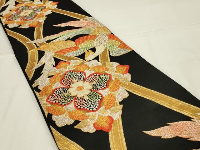 平和屋着物◎六通柄袋帯　唐織　花蝶文　黒地　金銀糸　正絹　逸品　AABL6375ou