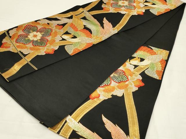 平和屋着物◎六通柄袋帯　唐織　花蝶文　黒地　金銀糸　正絹　逸品　AABL6375ou