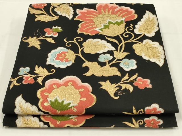 平和屋着物◎六通柄　本袋帯　唐織　更紗花文　黒地　金糸　AABL6379ou