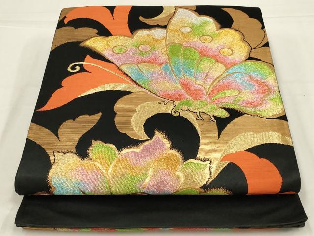 平和屋着物◎六通柄袋帯　花蝶文　黒地　金銀糸　正絹　逸品　AABL6382ou