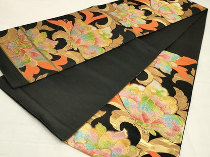 平和屋着物◎六通柄袋帯　花蝶文　黒地　金銀糸　正絹　逸品　AABL6382ou