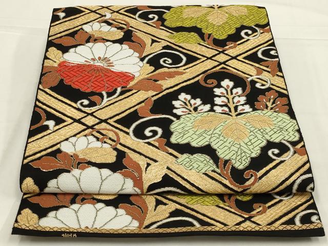 平和屋着物◎六通柄　本袋帯　唐織　花菱桐文　黒地　金糸　AABL6383ou