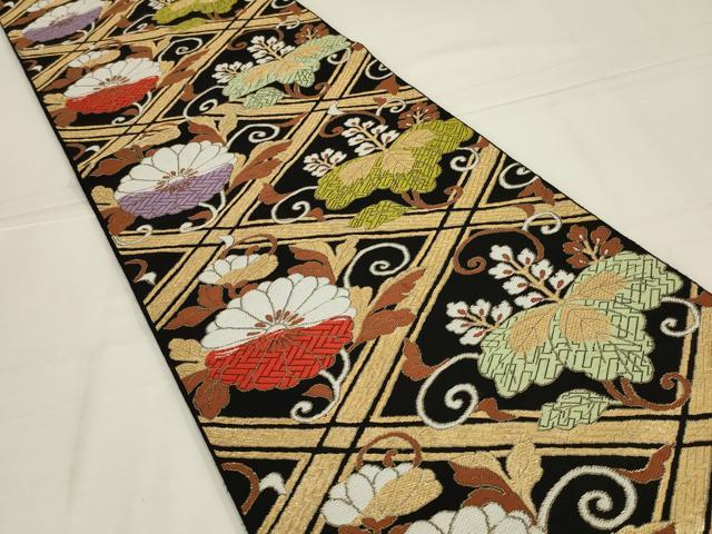 平和屋着物◎六通柄　本袋帯　唐織　花菱桐文　黒地　金糸　AABL6383ou