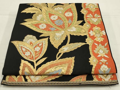 平和屋着物◎六通柄本袋帯　更紗花文　黒地　金糸　正絹　逸品　AABL6394ou
