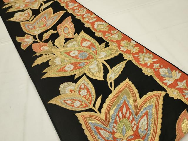 平和屋着物◎六通柄本袋帯　更紗花文　黒地　金糸　正絹　逸品　AABL6394ou