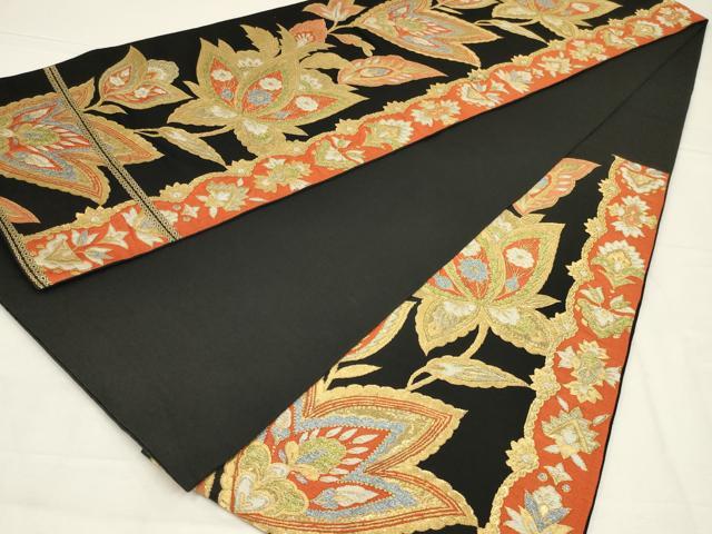 平和屋着物◎六通柄本袋帯　更紗花文　黒地　金糸　正絹　逸品　AABL6394ou
