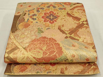 平和屋着物◎佐賀錦　六通柄袋帯　孔雀花文　金糸　正絹　逸品　AABL6395ou