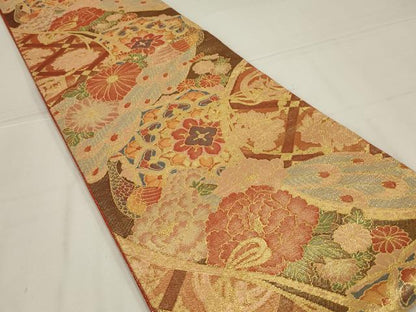 平和屋着物◎佐賀錦　六通柄袋帯　孔雀花文　金糸　正絹　逸品　AABL6395ou