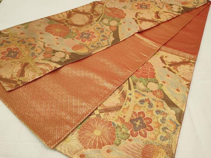 平和屋着物◎佐賀錦　六通柄袋帯　孔雀花文　金糸　正絹　逸品　AABL6395ou