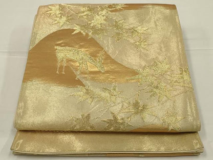 平和屋着物◎六通柄袋帯　鹿に楓　金糸　正絹　逸品　AABL6397ou