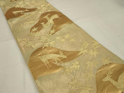 平和屋着物◎六通柄袋帯　鹿に楓　金糸　正絹　逸品　AABL6397ou