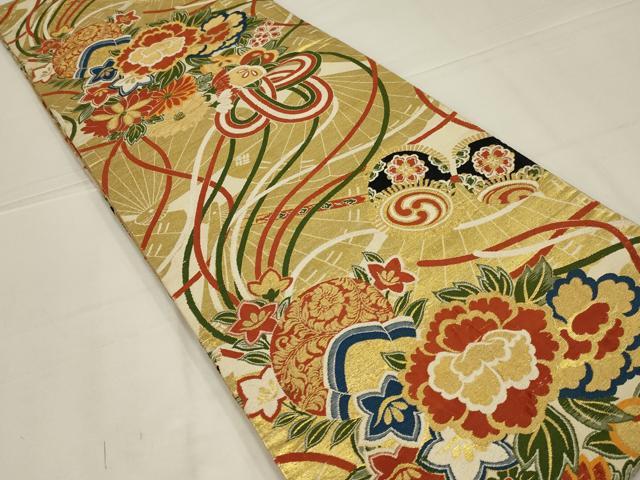 平和屋着物◎アンティーク　大正ロマン　丸帯　唐織　吉祥草花文　金糸　正絹　逸品　AABL6400ou