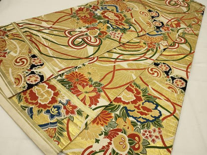 平和屋着物◎アンティーク　大正ロマン　丸帯　唐織　吉祥草花文　金糸　正絹　逸品　AABL6400ou