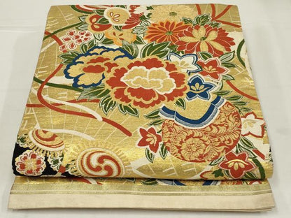 平和屋着物◎アンティーク　大正ロマン　丸帯　唐織　吉祥草花文　金糸　正絹　逸品　AABL6400ou