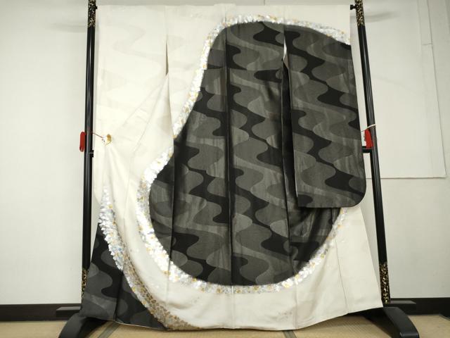平和屋着物●金彩友禅作家　金彩の魔術師　堀省平　金煌織　振袖　流水に箔散らし　金銀彩　銀通し地　正絹　逸品　AABL6404cs