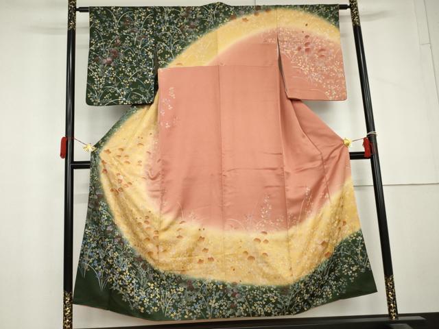 平和屋着物▼訪問着　萩　枝花文　暈し染め　金銀彩　正絹　逸品　AABL6411cs