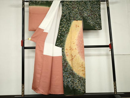 平和屋着物▼訪問着　萩　枝花文　暈し染め　金銀彩　正絹　逸品　AABL6411cs