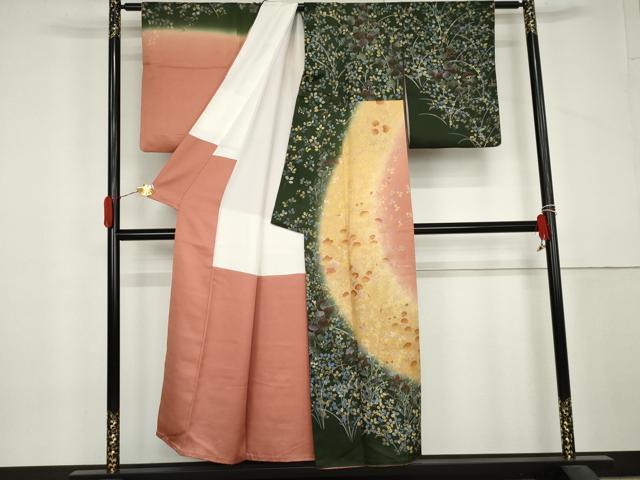 平和屋着物▼訪問着　萩　枝花文　暈し染め　金銀彩　正絹　逸品　AABL6411cs