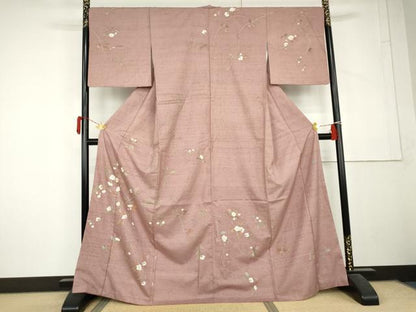平和屋着物●訪問着　友禅　作家物　紬地　枝花文　銀彩　正絹　逸品　AABL6414cs