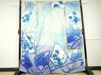 平和屋着物●豪華振袖　総絞り　扇面草花文　暈し染め　金彩　正絹　逸品　AABL6419cs