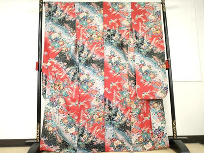 平和屋着物●豪華振袖　型染め　花鳥文　暈し染め　金彩　正絹　逸品　AABL6421cs
