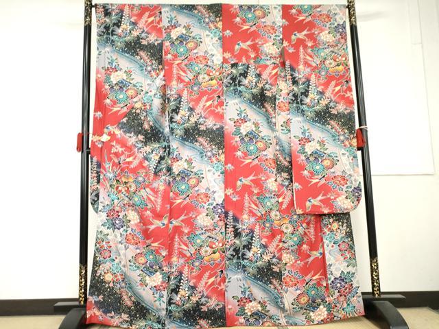 平和屋着物●豪華振袖　型染め　花鳥文　暈し染め　金彩　正絹　逸品　AABL6421cs