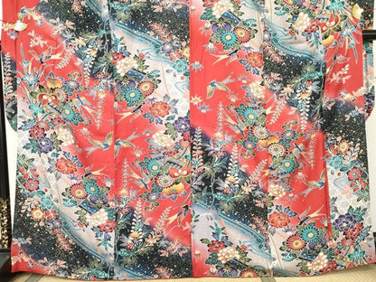 平和屋着物●豪華振袖　型染め　花鳥文　暈し染め　金彩　正絹　逸品　AABL6421cs