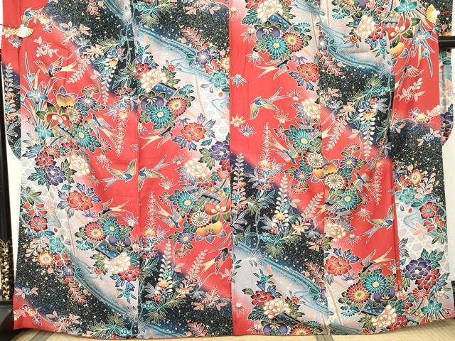 平和屋着物●豪華振袖　型染め　花鳥文　暈し染め　金彩　正絹　逸品　AABL6421cs