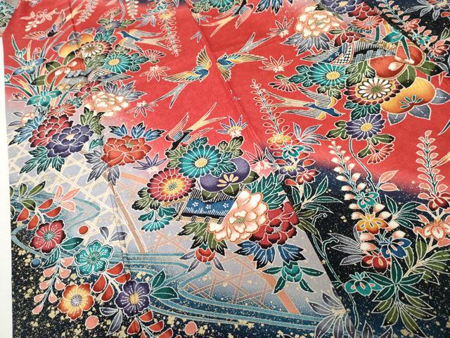 平和屋着物●豪華振袖　型染め　花鳥文　暈し染め　金彩　正絹　逸品　AABL6421cs