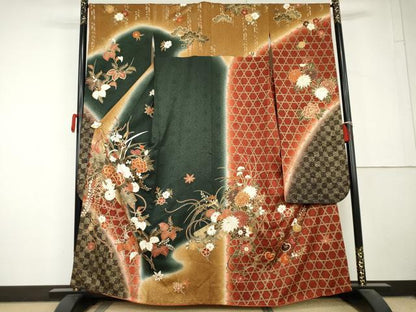 平和屋着物●豪華振袖　駒刺繍　花筏文　暈し染め　金彩　正絹　逸品　AABL6422cs