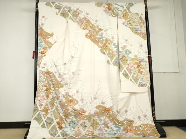 平和屋着物●豪華振袖　駒刺繍　格子花宝尽くし　金彩　ロング丈　正絹　逸品　AABL6423cs