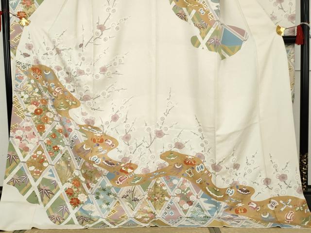 平和屋着物●豪華振袖　駒刺繍　格子花宝尽くし　金彩　ロング丈　正絹　逸品　AABL6423cs