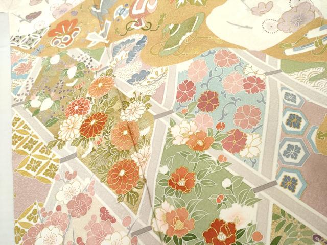 平和屋着物●豪華振袖　駒刺繍　格子花宝尽くし　金彩　ロング丈　正絹　逸品　AABL6423cs