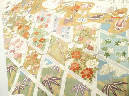 平和屋着物●豪華振袖　駒刺繍　格子花宝尽くし　金彩　ロング丈　正絹　逸品　AABL6423cs