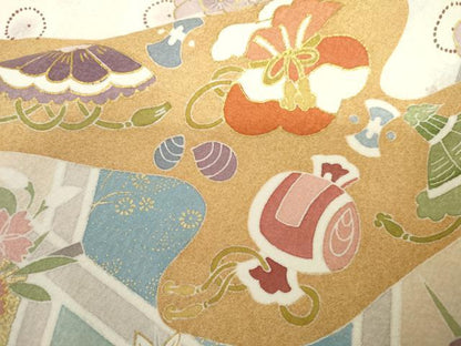 平和屋着物●豪華振袖　駒刺繍　格子花宝尽くし　金彩　ロング丈　正絹　逸品　AABL6423cs