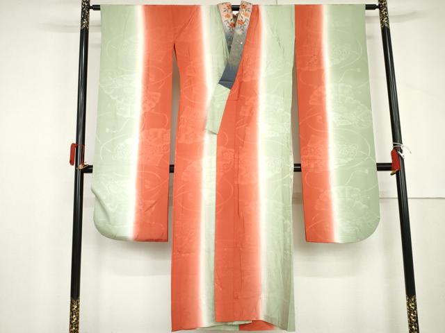 平和屋着物●振袖用長襦袢　無双仕立て　檜扇花地紋　暈し染め　半衿刺繍　正絹　逸品　AABL6434cs