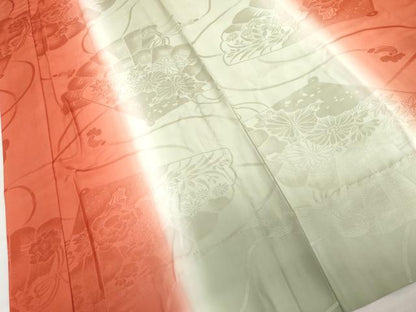 平和屋着物●振袖用長襦袢　無双仕立て　檜扇花地紋　暈し染め　半衿刺繍　正絹　逸品　AABL6434cs