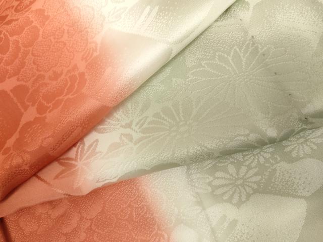平和屋着物●振袖用長襦袢　無双仕立て　檜扇花地紋　暈し染め　半衿刺繍　正絹　逸品　AABL6434cs