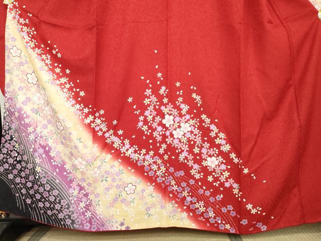 平和屋着物●豪華振袖　舞桜文　暈し染め　金通し地　正絹　逸品　AABL6435cs