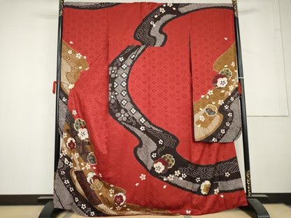 平和屋着物●豪華振袖　絞り　駒刺繍　流水雪輪桜文　金彩　正絹　逸品　AABL6438cs