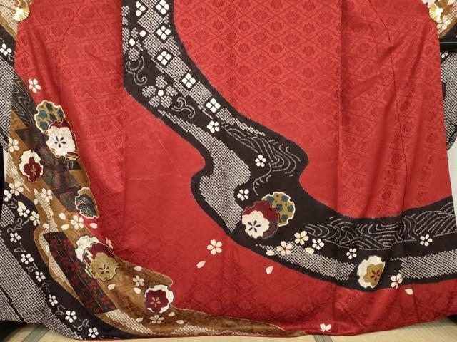 平和屋着物●豪華振袖　絞り　駒刺繍　流水雪輪桜文　金彩　正絹　逸品　AABL6438cs