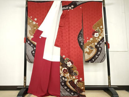 平和屋着物●豪華振袖　絞り　駒刺繍　流水雪輪桜文　金彩　正絹　逸品　AABL6438cs